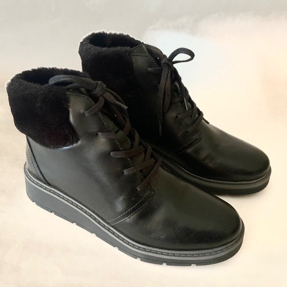 Clarks Andie Go Fur Lace-Up Black Leather Ankle Boots Casual Winter Booties 7.5 - Picture 8 of 13
